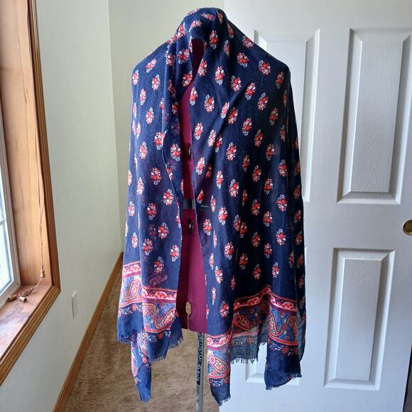Floral Paisley Scarf navy blue red 6ft 72"L 32"W warm fringe - Picture 9 of 9